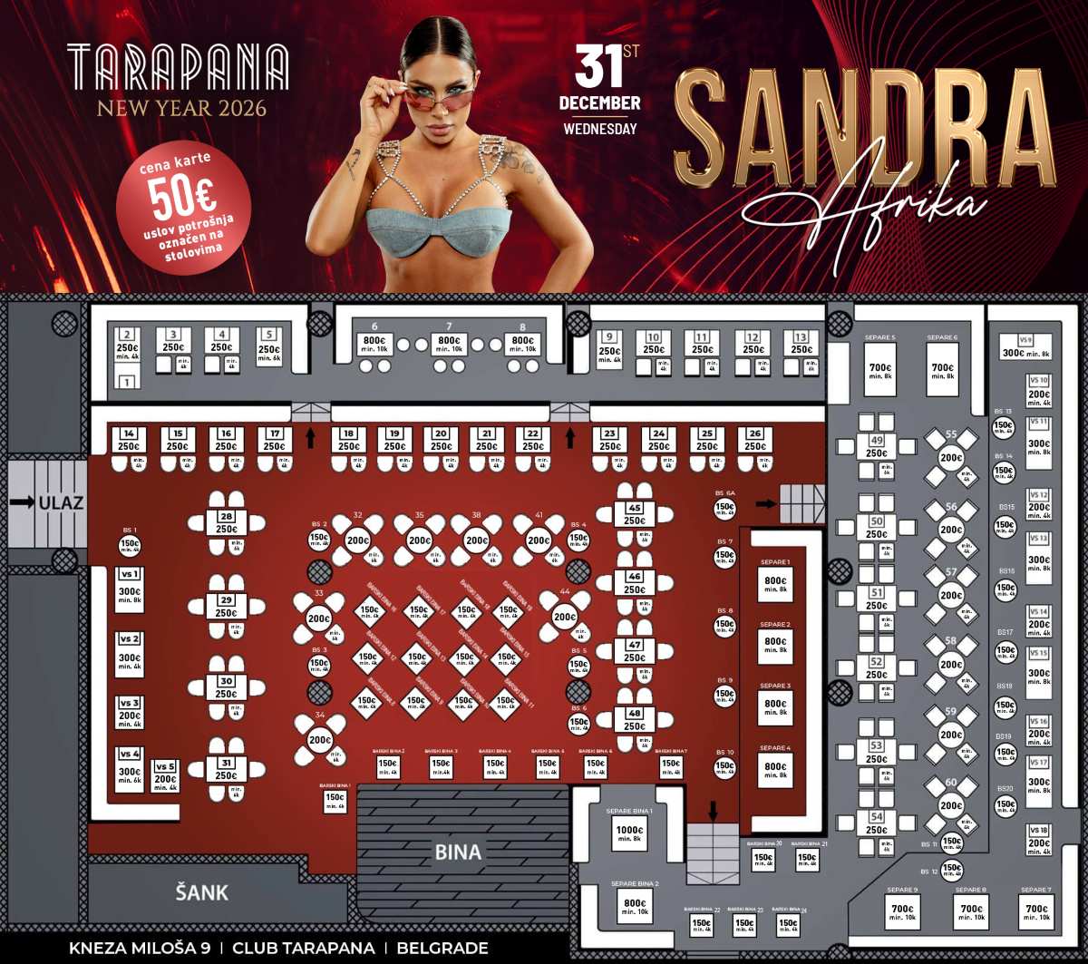 Mapa sedenja - Kafana Tarapana Nova godina